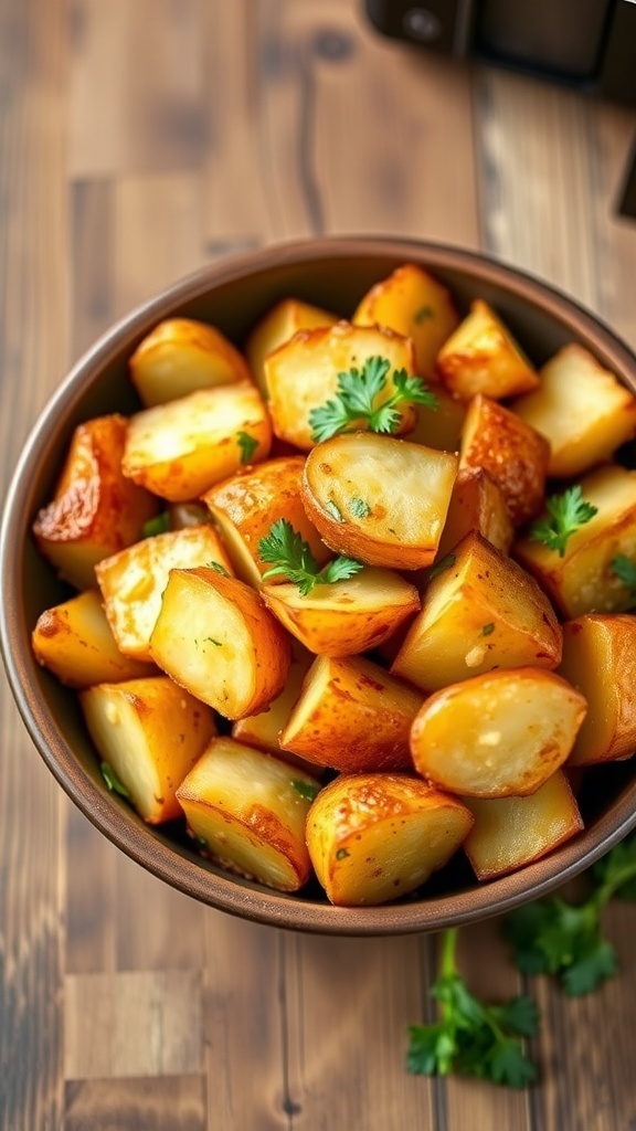 Crispy air fryer potatoes garnished with parsley in a bowl on a wooden table.